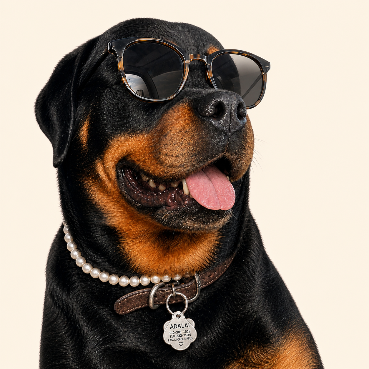 Adalai (Rottweiler, black and tan) in a studio portrait wearing tortoiseshell sunglasses, a pearl necklace, and a leather collar with her ADALAI ID tag.