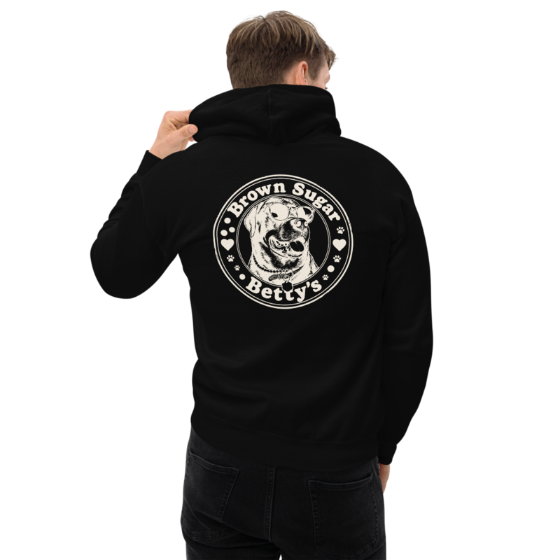 The Betty hoodie — Adalai in sunglasses and pearls, stamp badge printed in cream across the back of a black hoodie