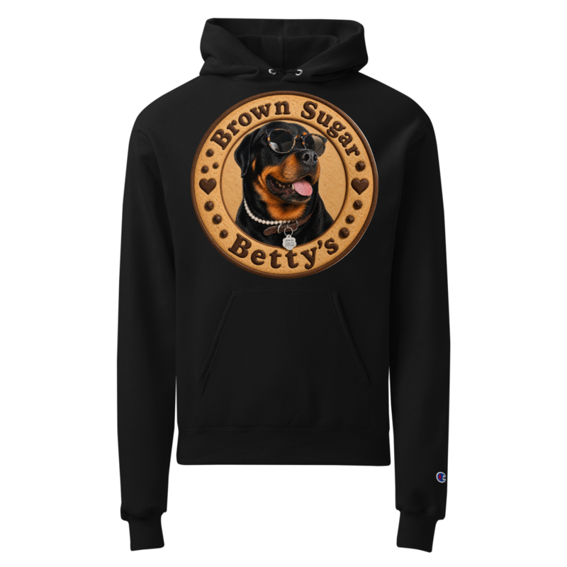 Champion pullover hoodie — cookie-stamp logo printed on the product