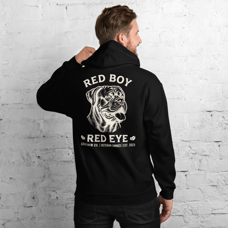 Red Boy Red Eye hoodie — engraved Dogue de Bordeaux portrait printed in cream across the back of a black hoodie